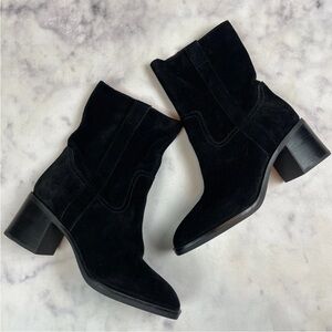 Steve Madden Romney Black Suede Boots Block Heel Modern Minimalist Sz 8.5
